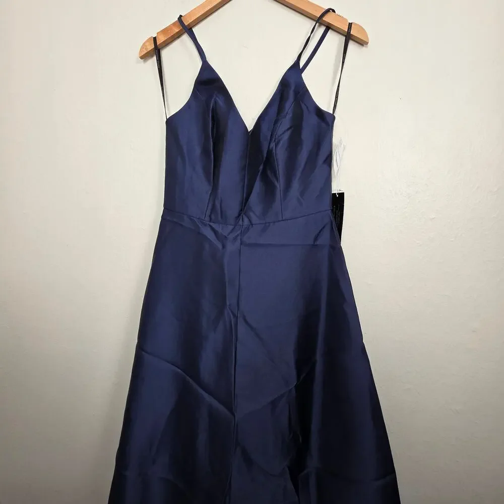 NWT Alfred Sung D750 V-Neck Full Skirt Satin Maxi Dress Midnight Blue 8 - Picture 6 of 10
